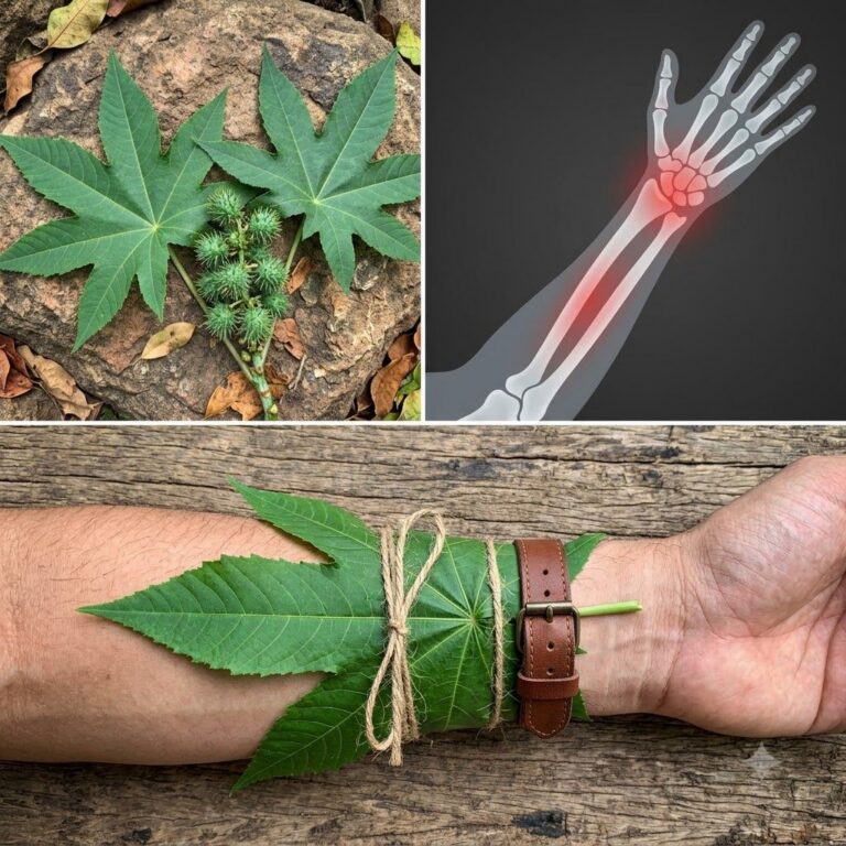 A vertical triptych showing castor plant leaves and pods an X-ray of a wrist with inflammation and castor leaves wrapped
