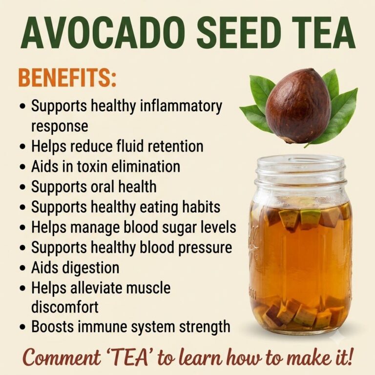 An infographic showing an avocado seed and a jar of amber-colored avocado seed tea with a list of health benefits on the