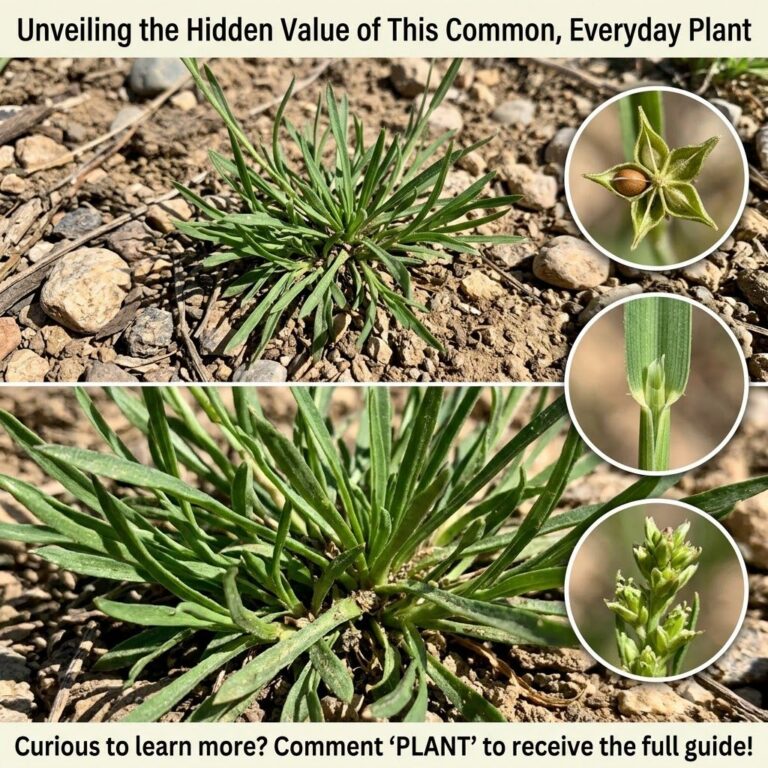 A split collage showing purslane in barren soil at the top a close-up of its clustered leaves at the bottom and three ci