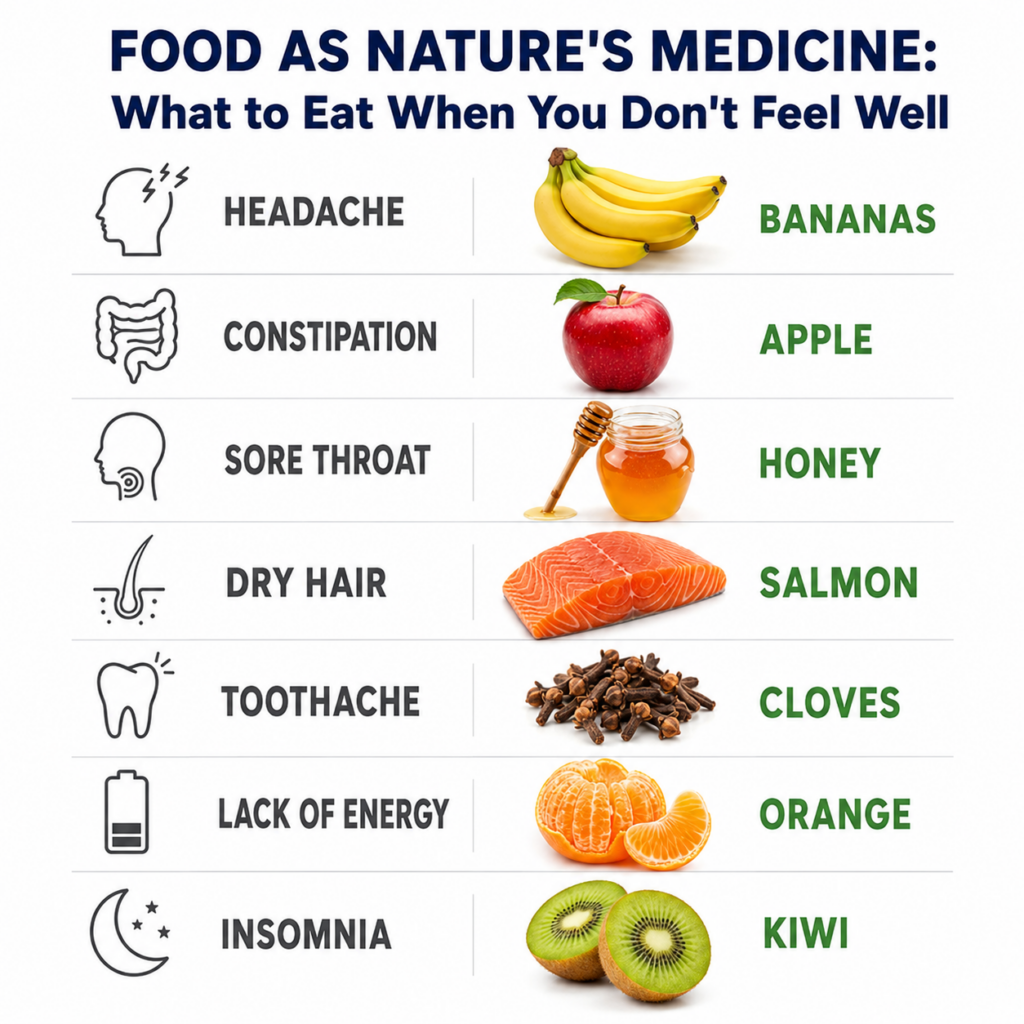 Infographic showing various common ailments and their corresponding natural food remedies such as headache with bananas 