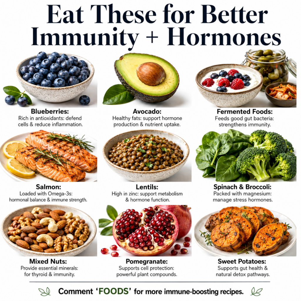 Infographic showing 9 healthy foods Blueberries Avocado Fermented Foods Salmon Lentils Spinach Broccoli Mixed Nuts Pomeg