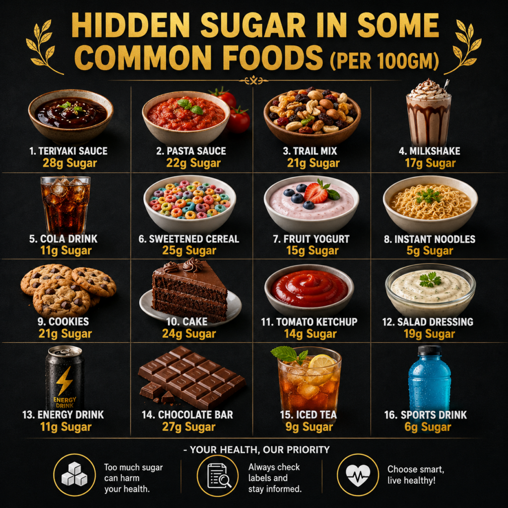 An infographic titled Hidden Sugar in Some Common Foods Per 100gm showing 16 common food items like sauces drinks and sn