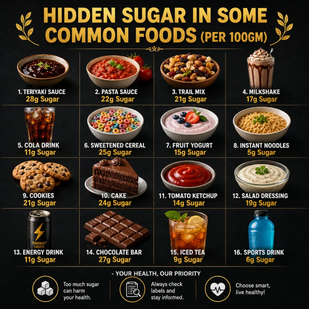 An infographic titled Hidden Sugar in Some Common Foods Per 100gm showing 16 common food items like sauces drinks and sn