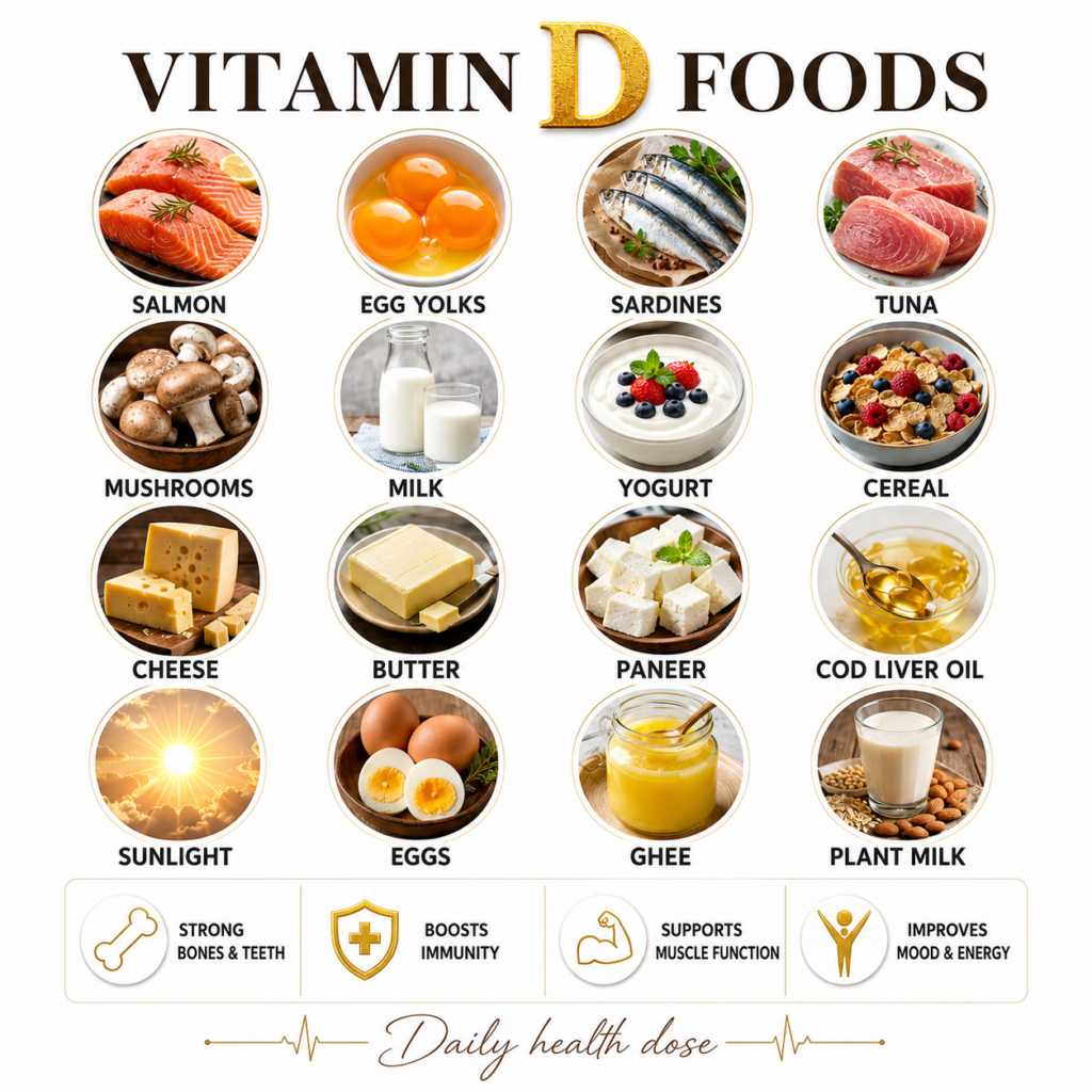 A comprehensive infographic titled VITAMIN D FOODS showcasing a 4x4 grid of various foods rich in Vitamin D such as salm