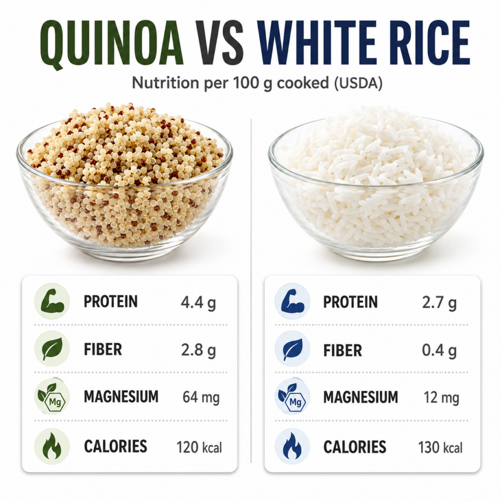 A side-by-side visual comparison of cooked quinoa and cooked white rice in separate clear bowls with a clean infographic