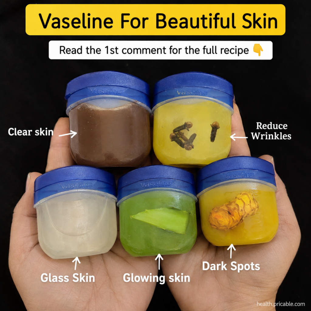 A hand holding five small jars of DIY Vaseline mixtures each with a different natural ingredient against a dark backgrou