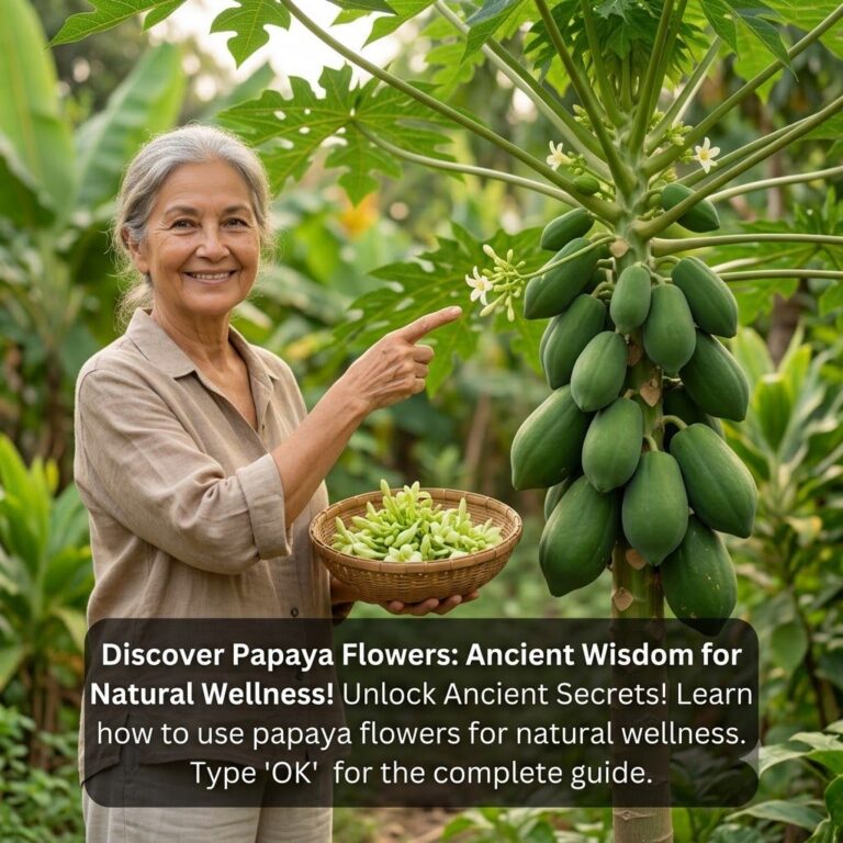 An elderly Asian woman with grey hair smiling and pointing at a papaya tree laden with green papayas and white flowers w
