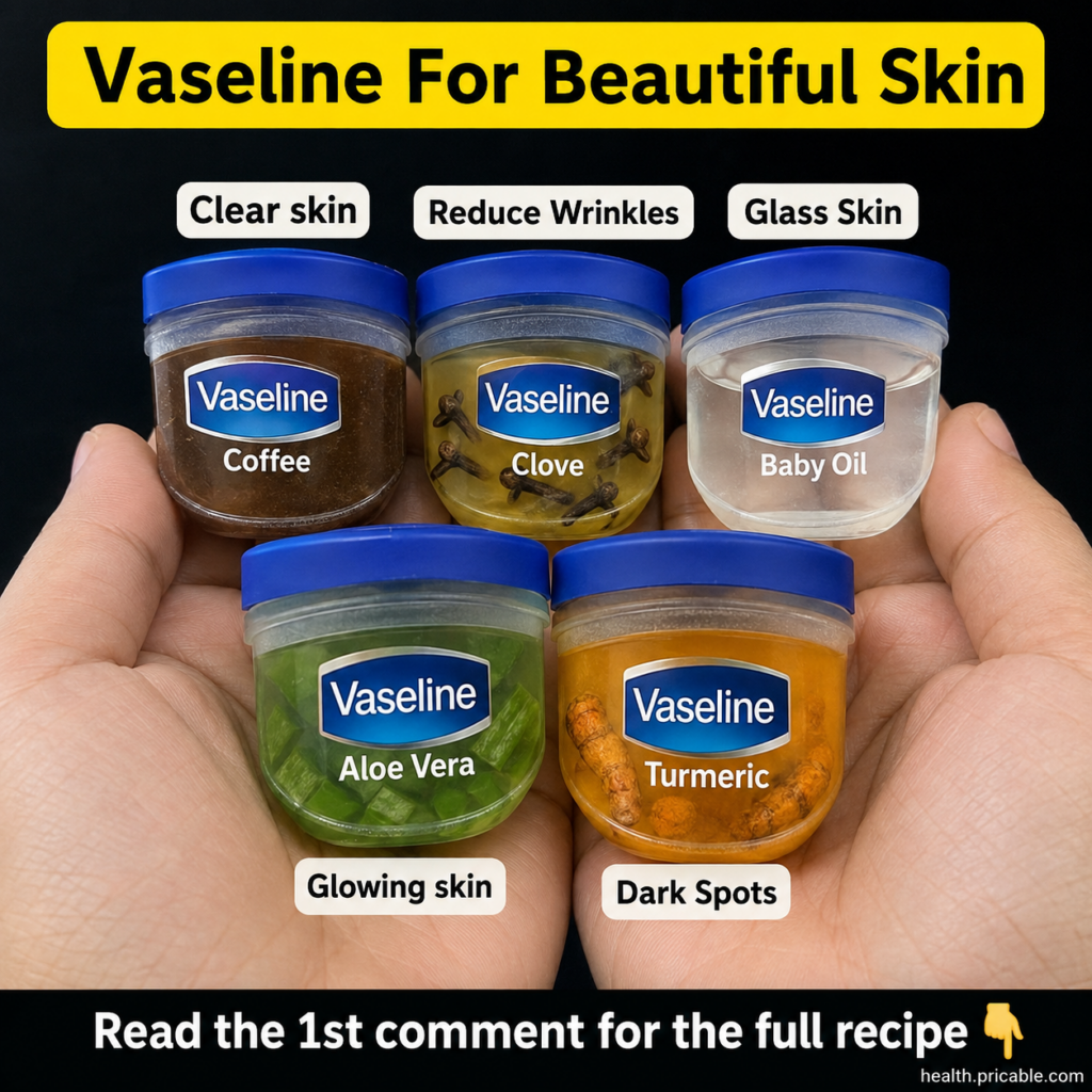 Five small transparent Vaseline jars each containing a different natural ingredient mixture held by two hands against a 