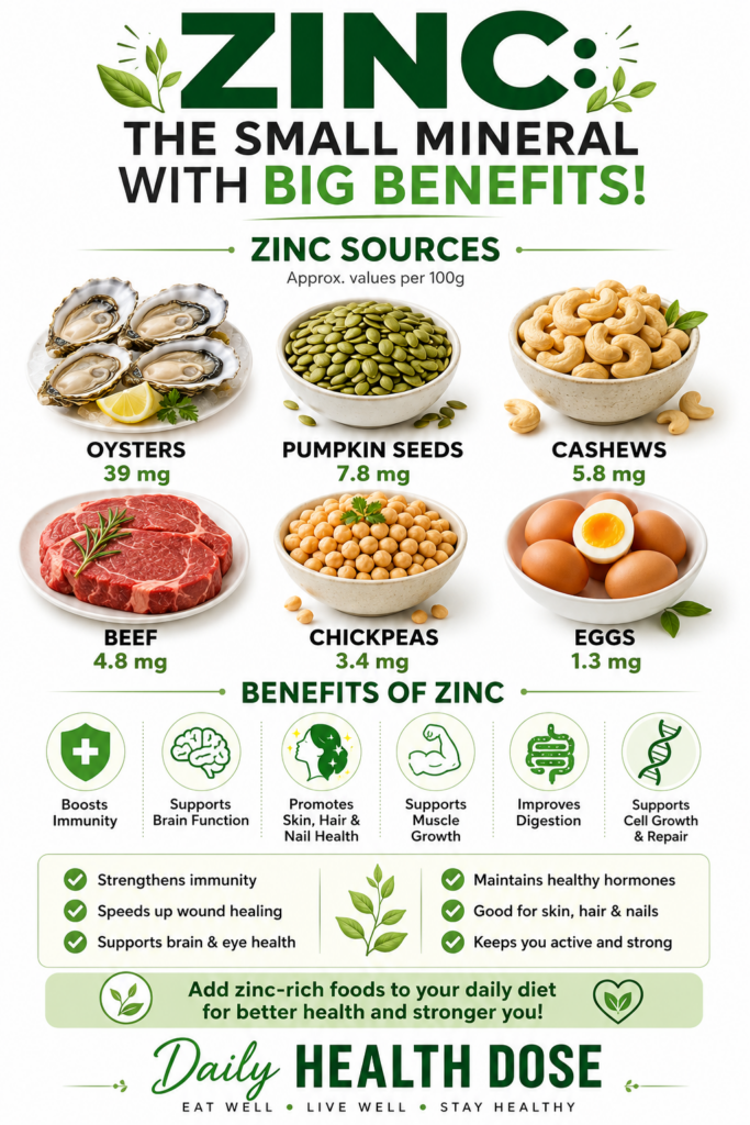 A bright clean infographic titled ZINC THE SMALL MINERAL WITH BIG BENEFITS showing six zinc-rich food sources oysters pu