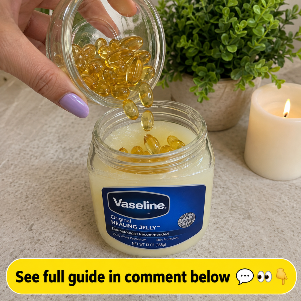 A hand with lavender-painted nails pouring golden soft gel capsules into an open jar of Vaseline Original Healing Jelly 
