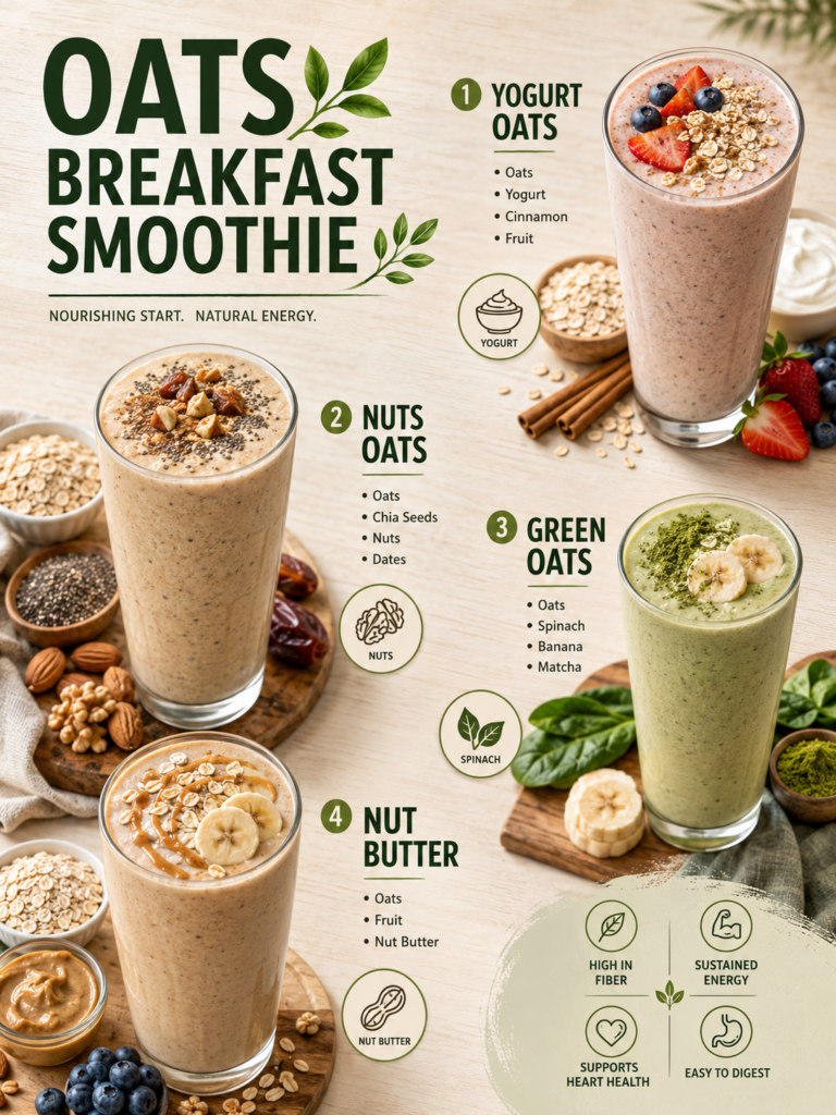 A vibrant flat lay showcasing four distinct oat breakfast smoothies in tall glasses each surrounded by its key ingredien