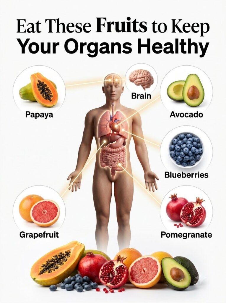 An infographic showing a translucent human body with internal organs highlighted surrounded by specific fruits avocado b