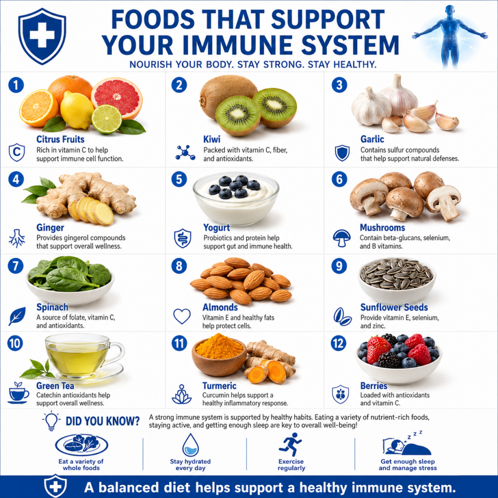 An infographic titled FOODS THAT SUPPORT YOUR IMMUNE SYSTEM showing twelve food items with benefits and four lifestyle t
