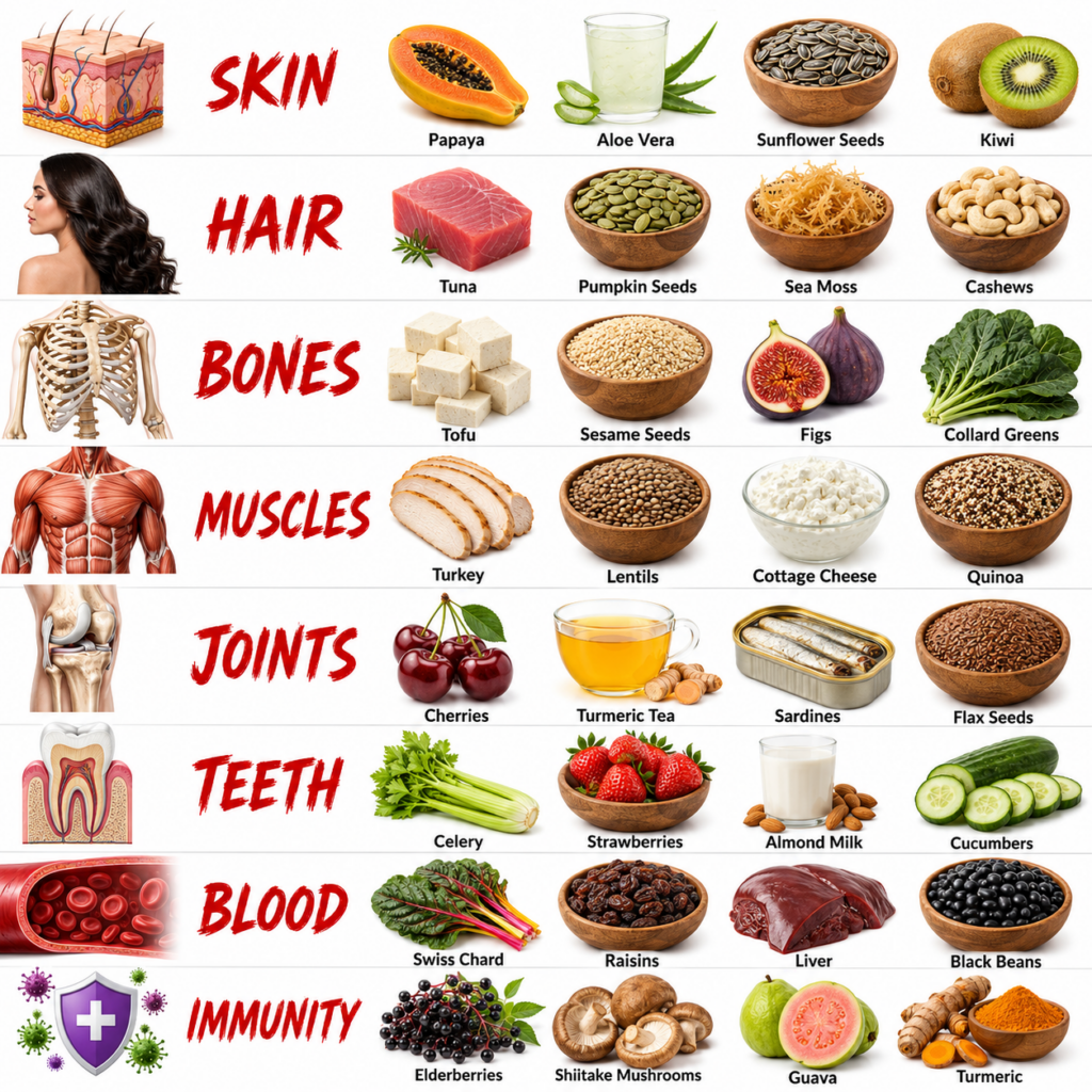 An educational infographic showing 8 rows each dedicated to a different human body part Skin Hair Bones Muscles Joints T