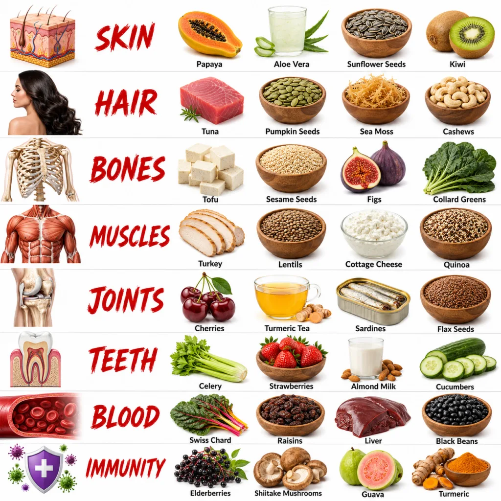 An educational infographic showing 8 rows each dedicated to a different human body part Skin Hair Bones Muscles Joints T