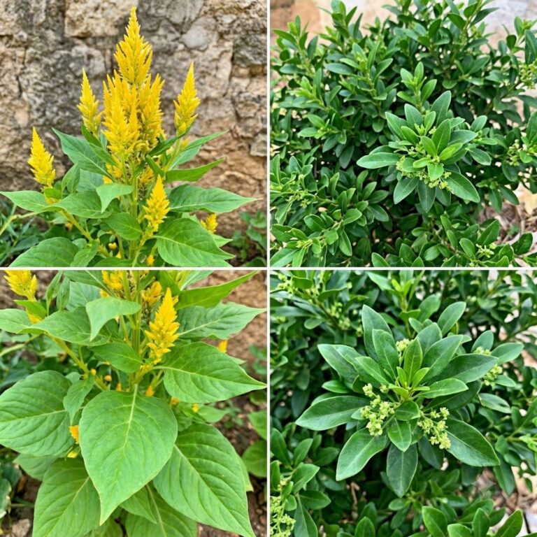 A four-panel collage showcasing two distinct types of vibrant green plants The left two panels feature a plant with stri