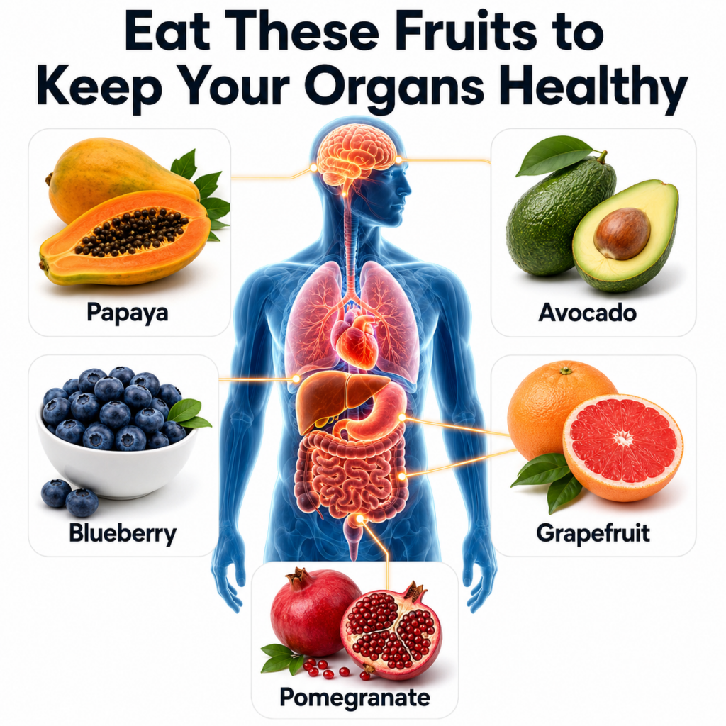 An infographic showing a translucent blue human body figure with glowing internal organs surrounded by five fruits papay