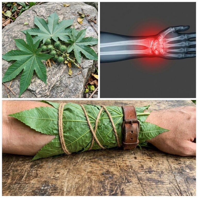A collage showing lush green castor leaves an X-ray of a painful wrist with a red glow and a forearm wrapped in castor l