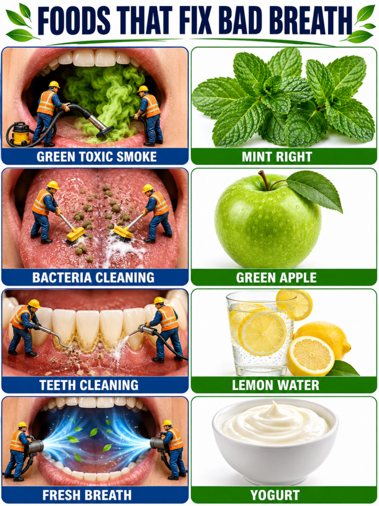 An infographic titled FOODS THAT FIX BAD BREATH showing a left column with whimsical illustrations of oral hygiene clean