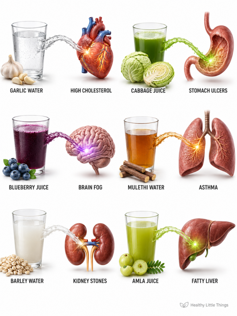 An infographic showing six natural ingredients garlic water cabbage blueberries mulethi barley amla paired with correspo