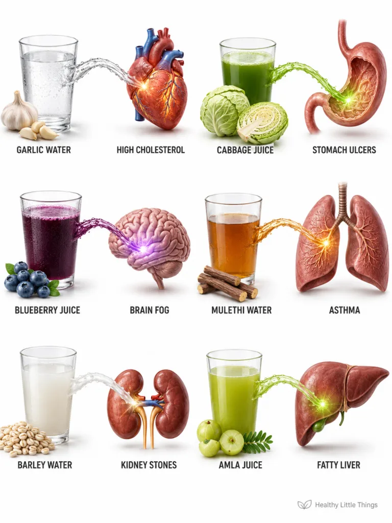 An infographic showing six natural ingredients garlic water cabbage blueberries mulethi barley amla paired with correspo