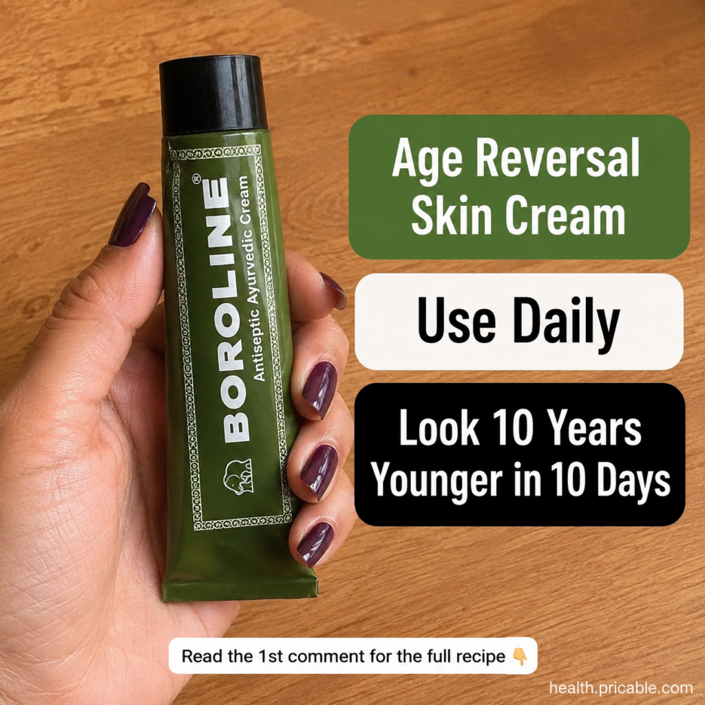 A hand holding a green tube of Boroline Antiseptic Ayurvedic Cream with text overlays about Age Reversal Skin Cream and