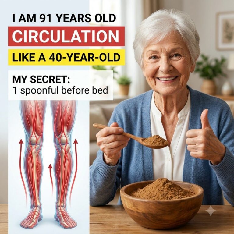 An elderly woman smiling and giving a thumbs-up holding a wooden spoon with brown powder over a bowl with text on the le