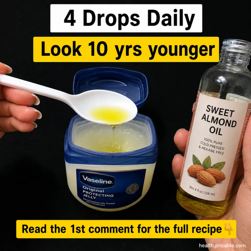 A close-up shot of a hand adding sweet almond oil from a spoon into a tub of Vaseline Original Protecting Jelly The back