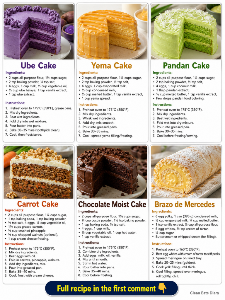 A vibrant grid of six different cakes Ube Cake Yema Cake Pandan Cake Carrot Cake Chocolate Moist Cake and Brazo de Merce