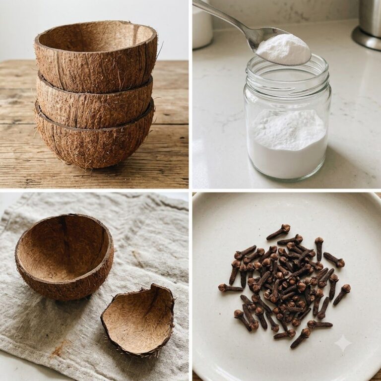 A four-panel grid showing the key ingredients for a home remedy coconut shells cloves and baking soda Top-left stacked c