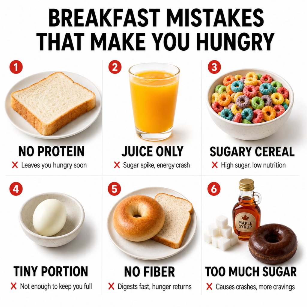 An informative graphic titled BREAKFAST MISTAKES THAT MAKE YOU HUNGRY showing six common breakfast items like sugary cer
