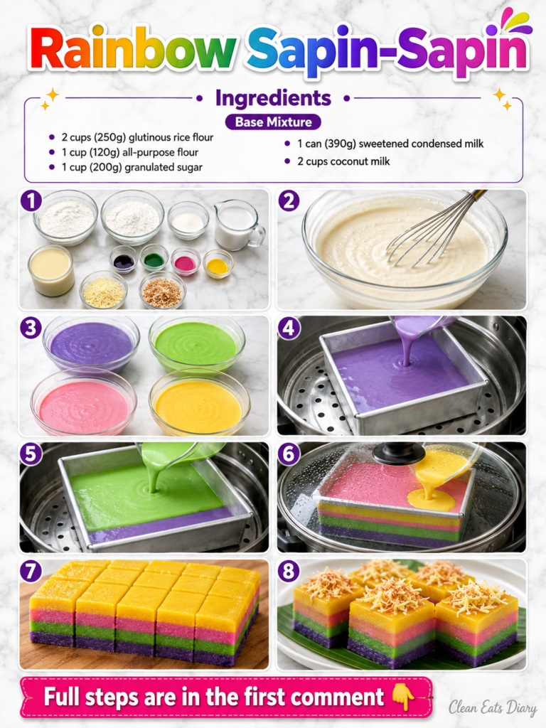 A vibrant multi-layered Rainbow Sapin-Sapin cut into squares some topped with grated cheese and toasted coconut flakes o