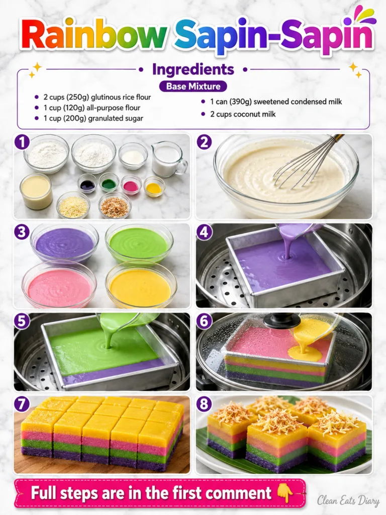 A vibrant multi-layered Rainbow Sapin-Sapin cut into squares some topped with grated cheese and toasted coconut flakes o
