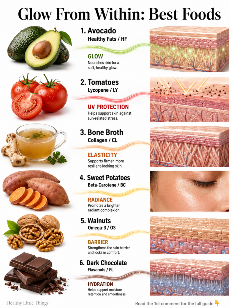 An infographic showing six foods avocado tomato bone broth sweet potato walnuts dark chocolate linked to various skin be