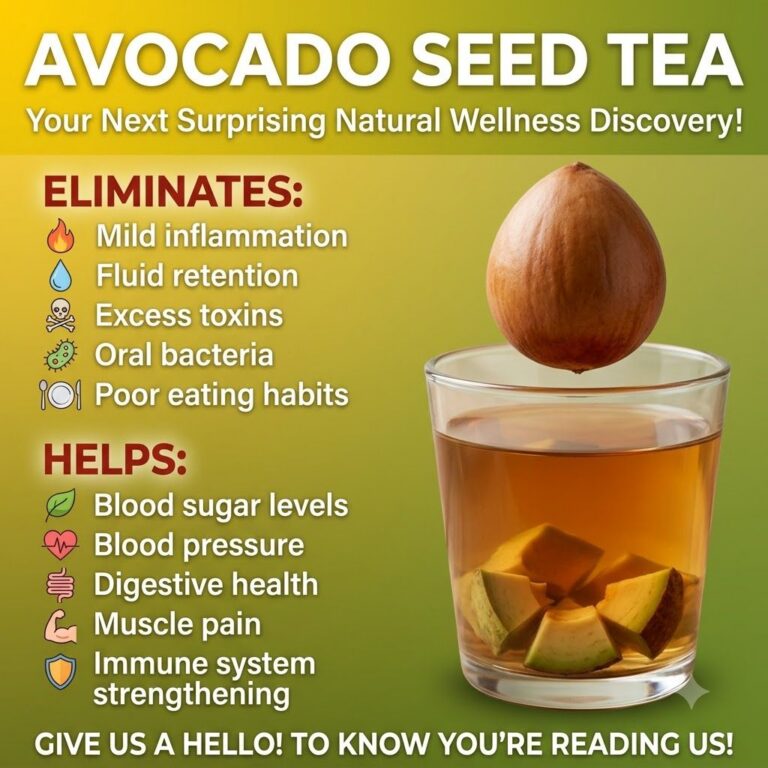 A glass of amber-colored avocado seed tea with a whole avocado seed and a few sliced pieces nearby on a natural healthy