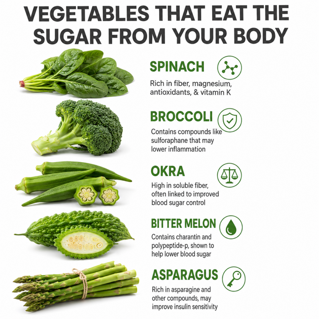 An infographic titled VEGETABLES THAT EAT THE SUGAR FROM YOUR BODY featuring studio shots of spinach broccoli okra bitte