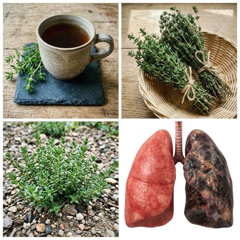 A four-panel collage showing fresh thyme sprigs with a mug of tea bundles of thyme in a basket thyme growing in a garden