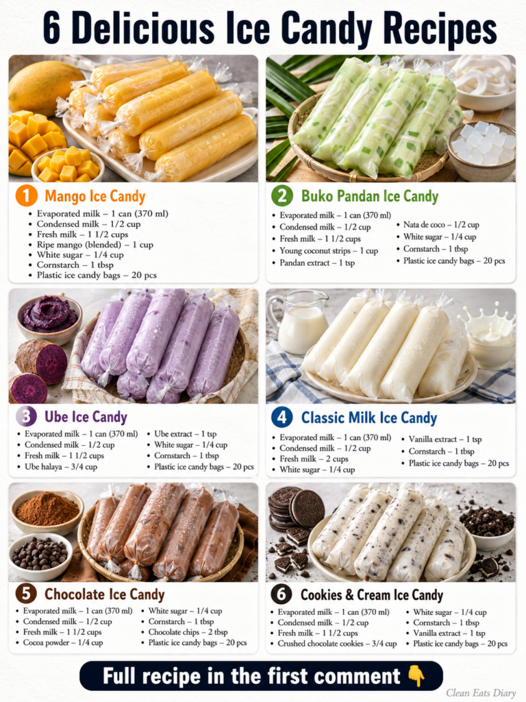 A vibrant collage of six different homemade ice candy flavors in clear plastic bags surrounded by their respective fresh