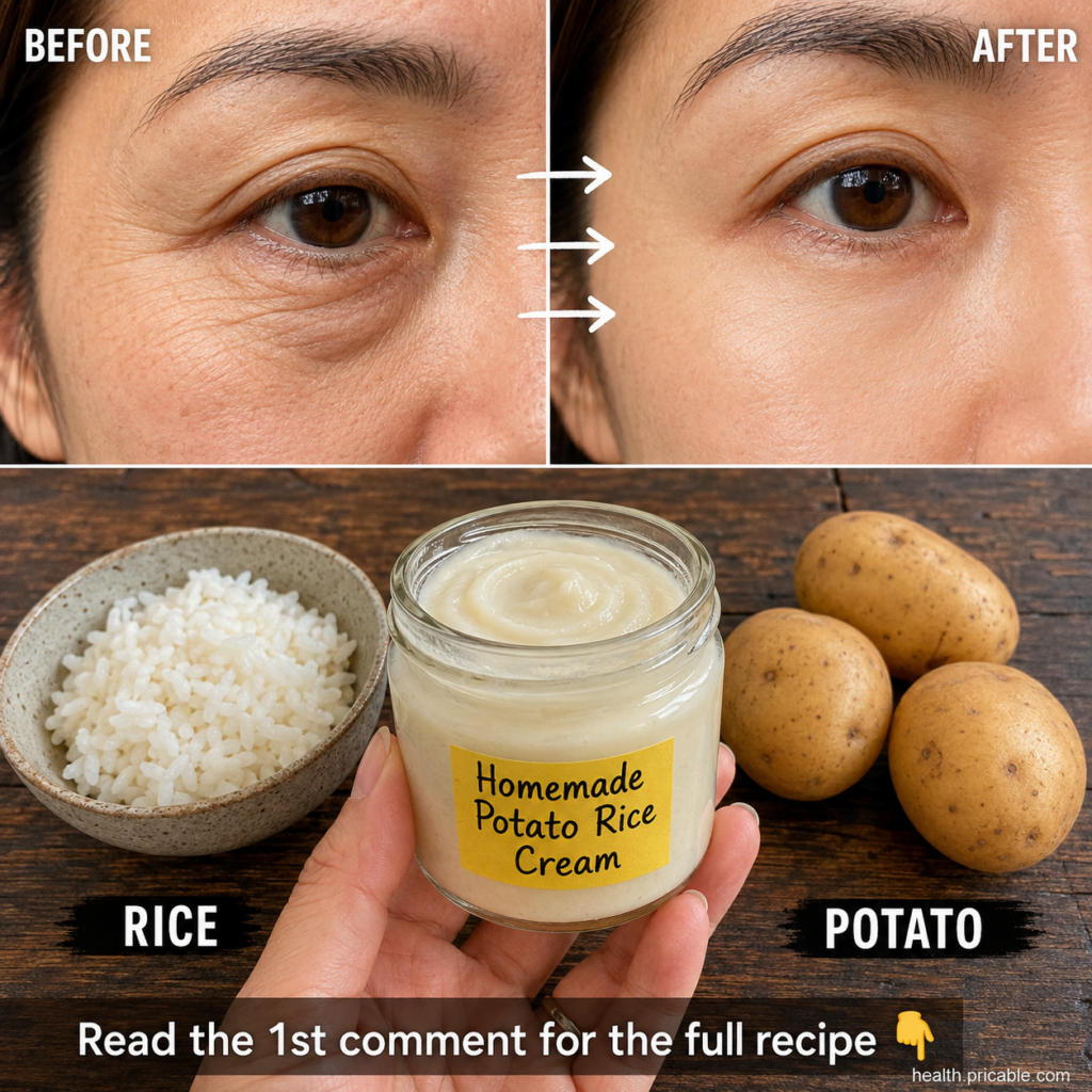 A vertical collage showing BEFORE and AFTER under-eye areas with reduced dark circles and fine lines alongside a bowl of