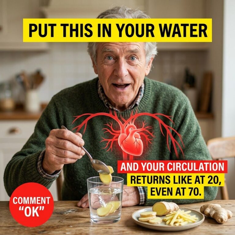 An elderly man with white hair and blue eyes enthusiastically adding slices of ginger to a glass of water at a wooden ki