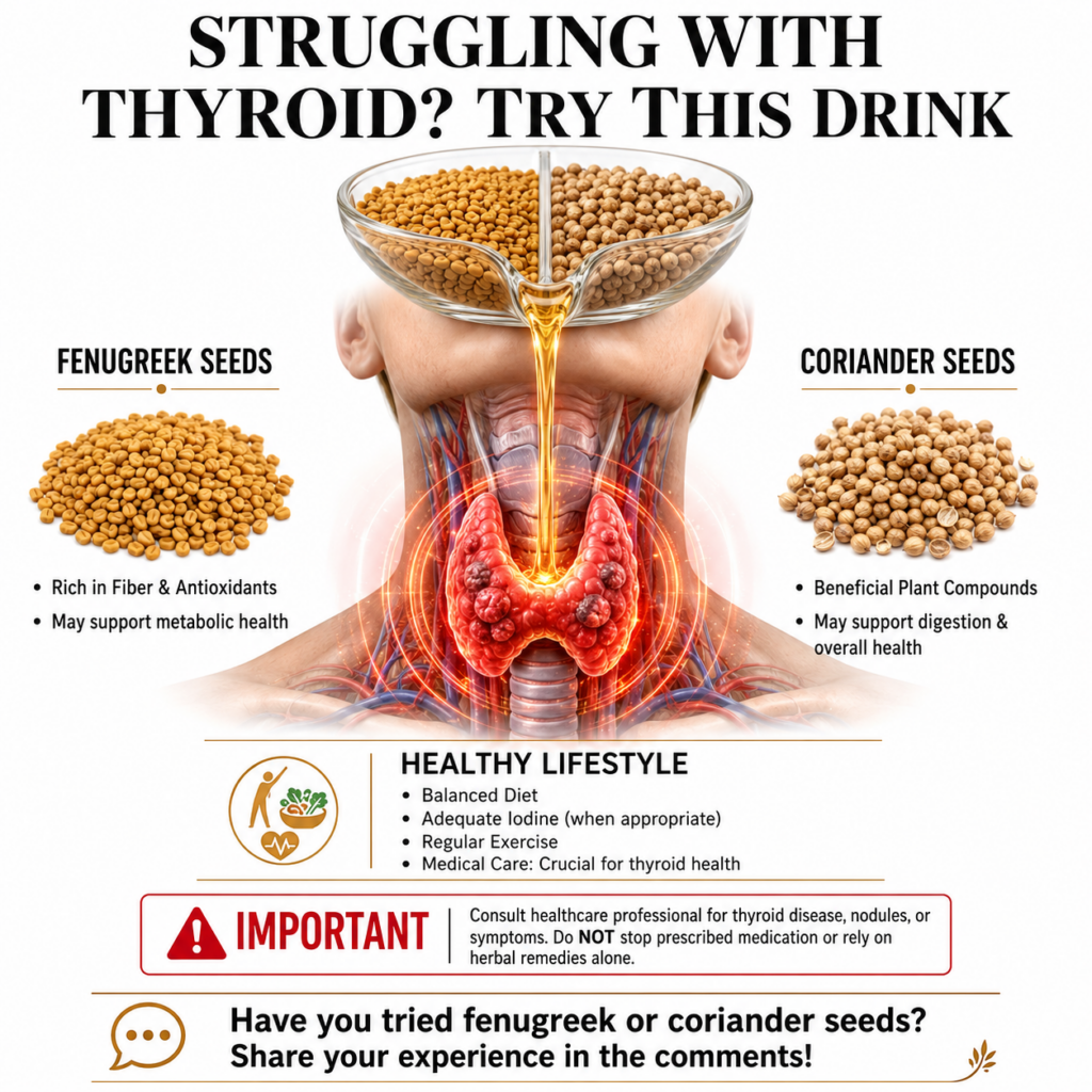 An infographic showing fenugreek and coriander seeds with a diagram of the human thyroid gland and text detailing the be