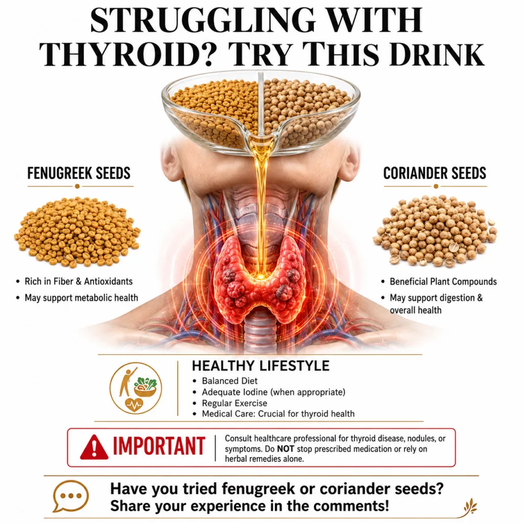 An infographic showing fenugreek and coriander seeds with a diagram of the human thyroid gland and text detailing the be