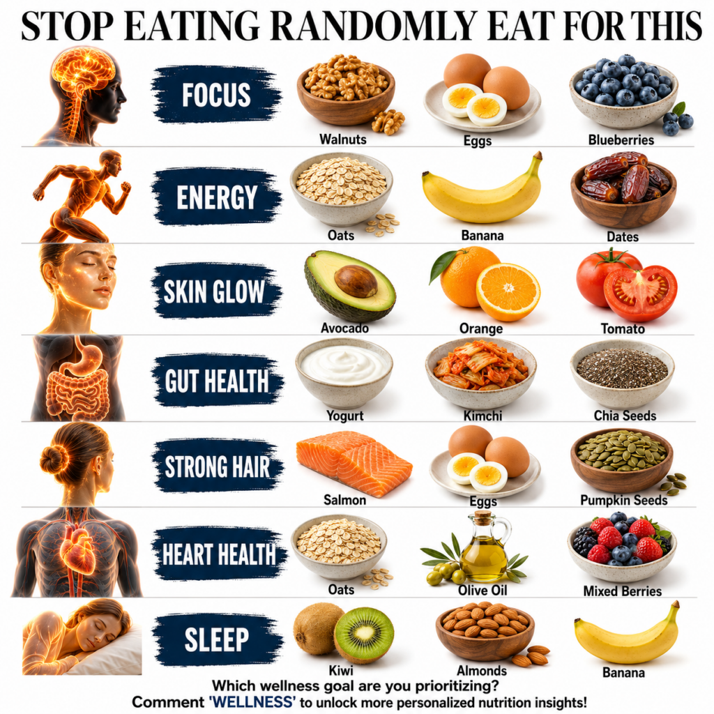 A vibrant infographic titled STOP EATING RANDOMLY EAT FOR THIS showing different wellness goals Focus Energy Skin Glow G