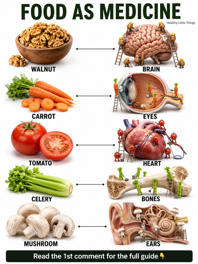 An engaging infographic illustrating how different foods support various body parts showing walnuts for the brain carrot