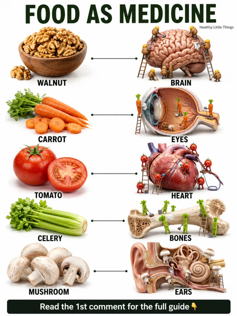 An engaging infographic illustrating how different foods support various body parts showing walnuts for the brain carrot
