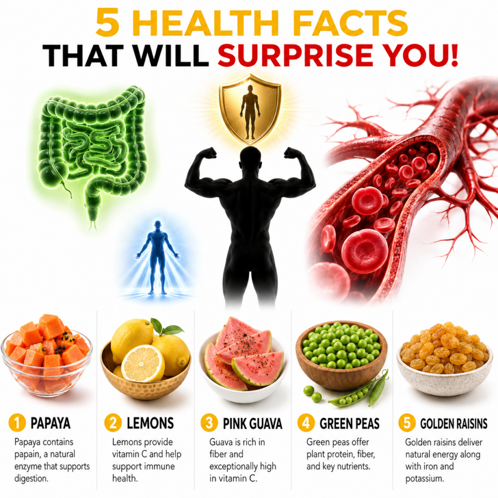 Infographic titled 5 HEALTH FACTS THAT WILL SURPRISE YOU showing symbolic health representations and five food items pap