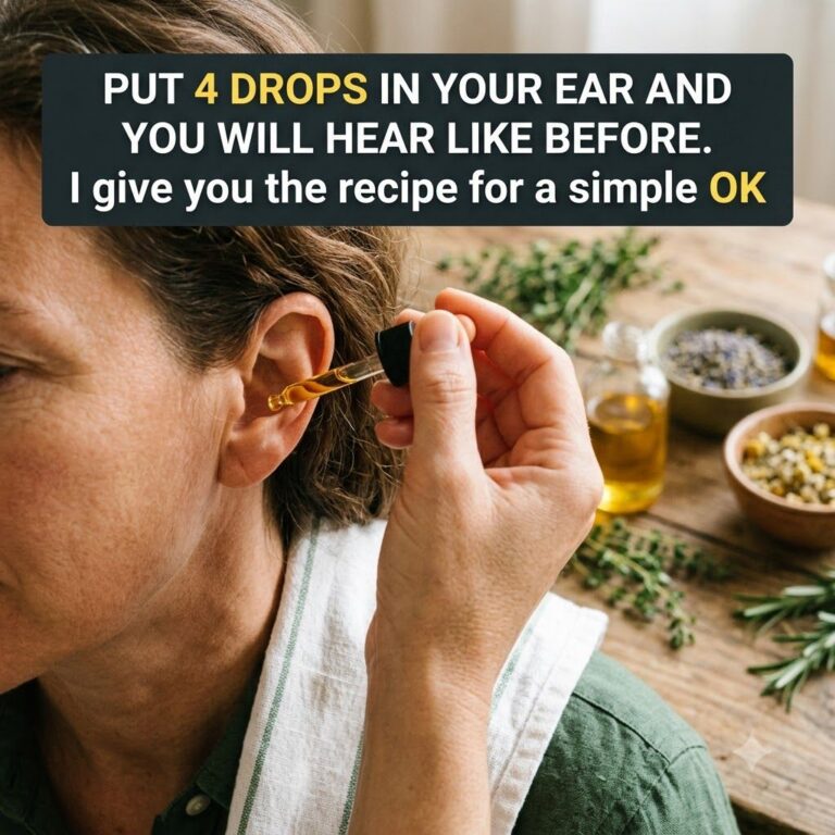 A close-up of a middle-aged woman applying amber-colored drops to her ear with a glass dropper with a softly blurred bac