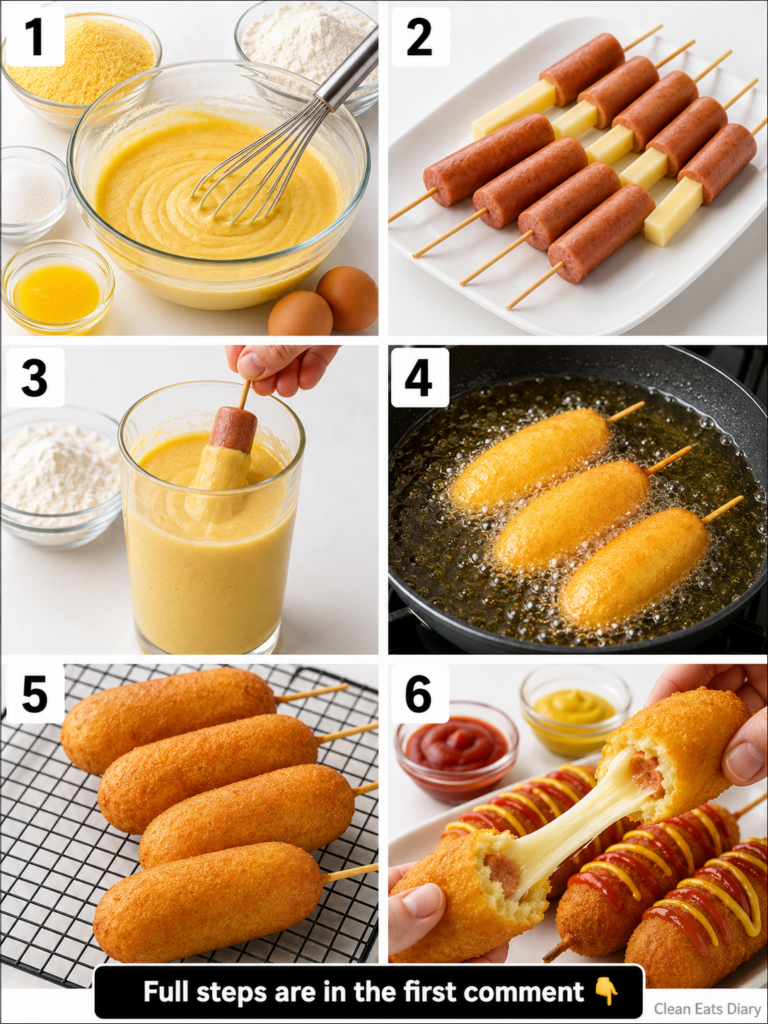 A 6-panel collage showing step-by-step how to make cheesy corn dogs 1 Ingredients laid out 2 Sausage and cheese skewered