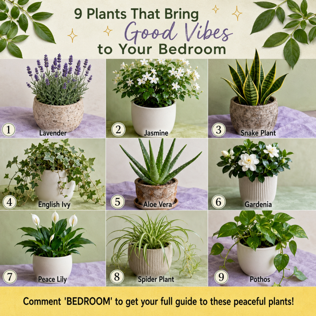 A grid of nine potted plants labeled with names like Lavender Snake Plant Peace Lily and Aloe Vera against a soft light 