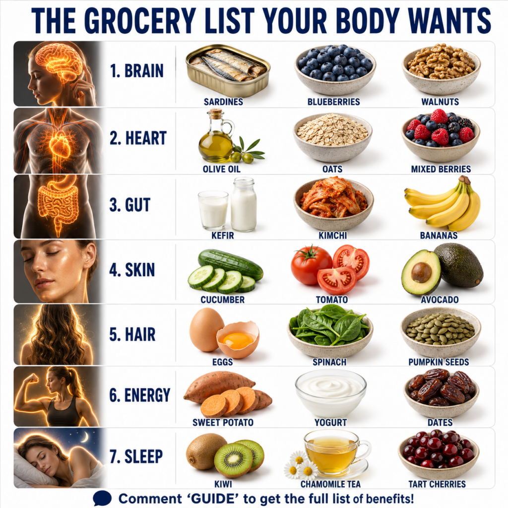 An infographic titled THE GROCERY LIST YOUR BODY WANTS showing seven categories Brain Heart Gut Skin Hair Energy and Sle